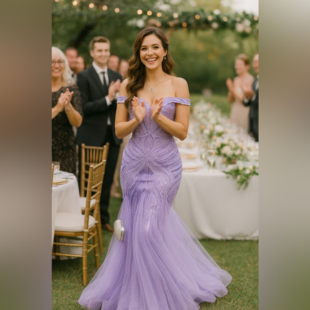 Elegant Purple Off-Shoulder Evening Gown - Picture 2 of 12